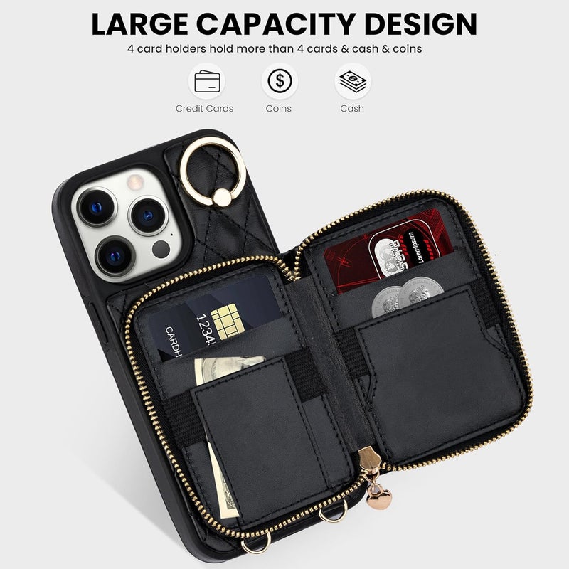 Keallce Case for iPhone 12 Pro/iPhone 12 6.1'' Wallet Case, Crossbody Zipper Purse Handbag Wristlet for Women, RFID Blocking Card Holders, Ring Kickstand Flip Leather Cover for iPhone 12/12 Pro, Black - Image 2